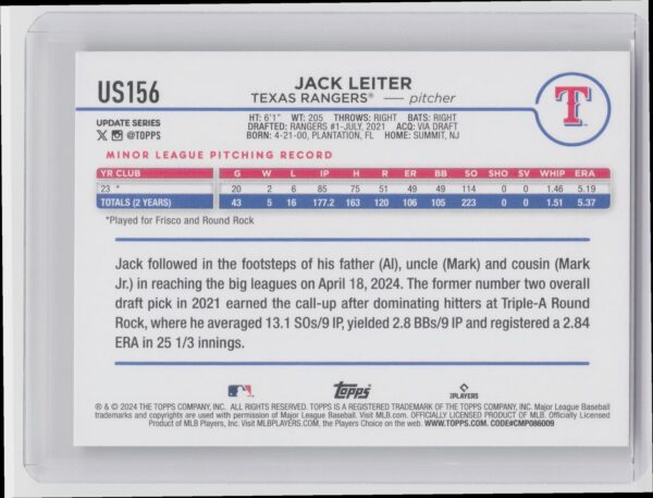 2024 Topps Update Jack Leiter RC #US156 Rangers - Image 3