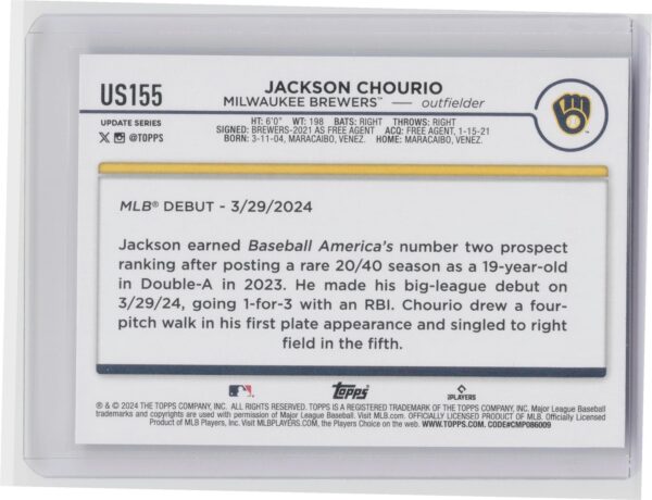 2024 Topps Update Jackson Chourio RC #US155 Brewers - Image 3
