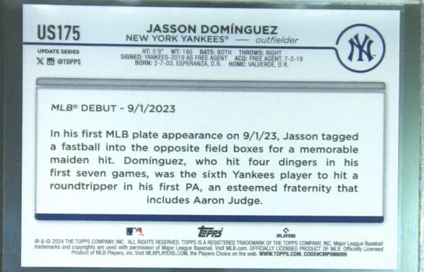 2024 Topps Update Jasson Domínguez RC #US175 Yankees - Image 3