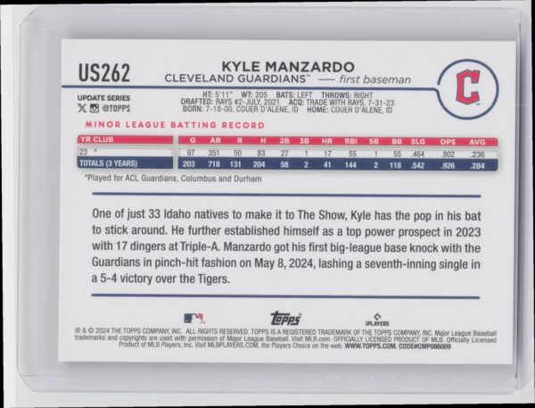 2024 Topps Update Kyle Manzardo RC #US262 Guardians - Image 3