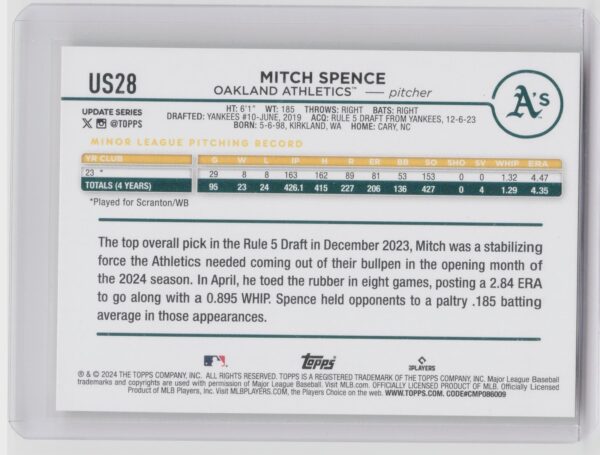 2024 Topps Update Mitch Spence Yellow #US28 Athletics - Image 3