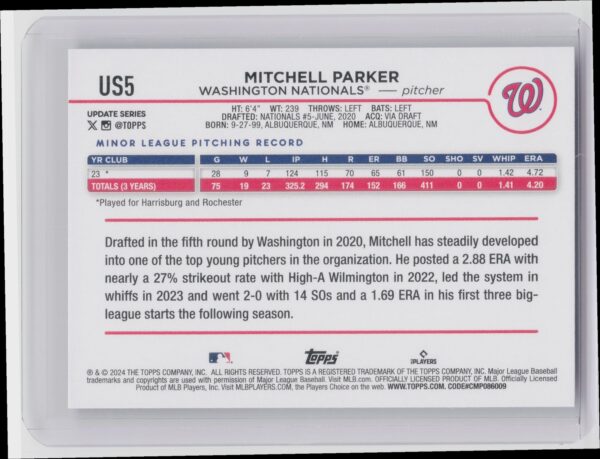 2024 Topps Update Mitchell Parker RC #US5 Nationals - Image 3