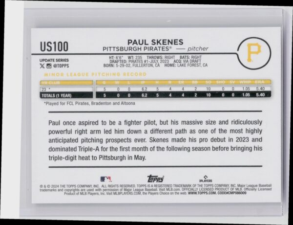 2024 Topps Update Paul Skenes RC #US100 Pirates - Image 3
