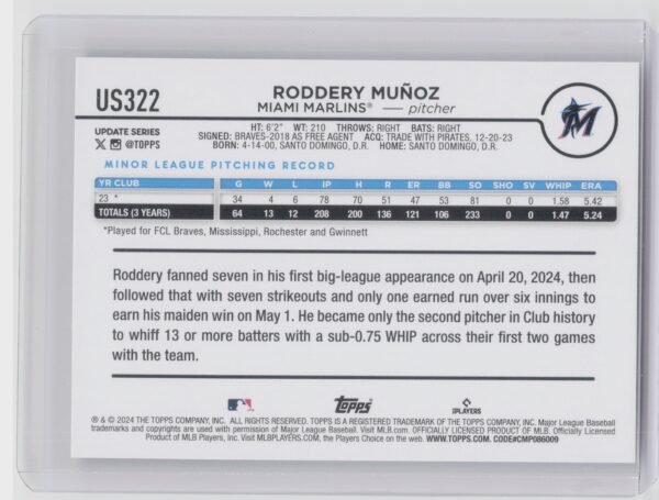 2024 Topps Update Roddery Munoz RC #US322 Marlins - Image 3