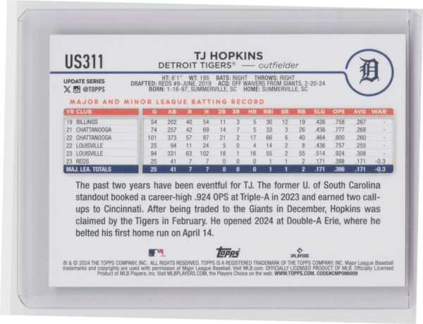 2024 Topps Update TJ Hopkins RC #US311 Tigers - Image 3