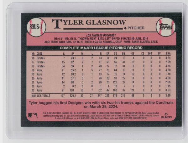 2024 Topps Update Tyler Glasnow #89US-1 Dodgers 1989 Topps Baseball 35th Anni - Image 3