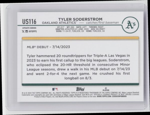 2024 Topps Update Tyler Soderstrom #US116 Athletics - Image 3