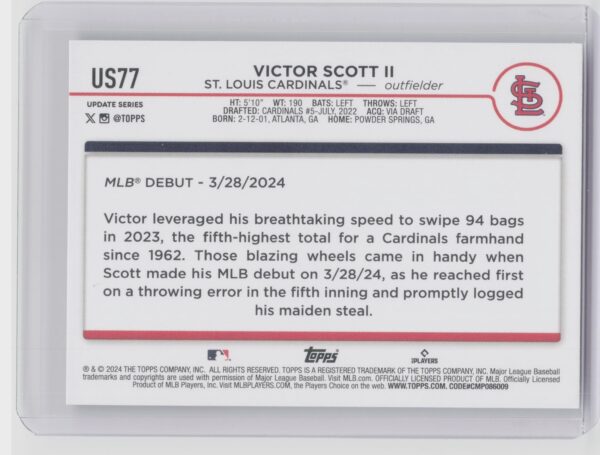 2024 Topps Update Victor Scott II #US77 Cardinals - Image 3