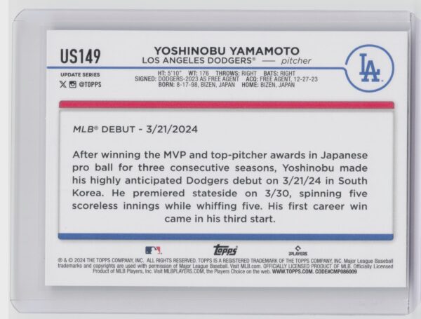 2024 Topps Update Yoshinobu Yamamoto #US149 Dodgers - Image 3