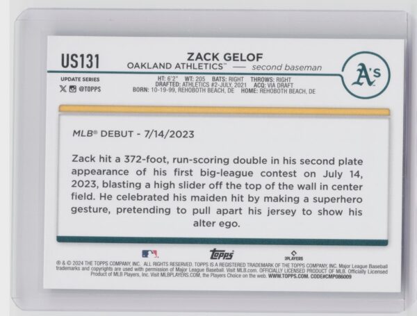 2024 Topps Update Zack Gelof #US131 Athletics - Image 3