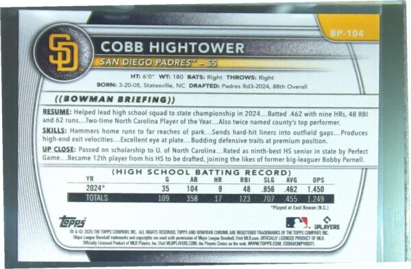 2025 Bowman Cobb Hightower #BP-104 Padres Prospects - Image 3