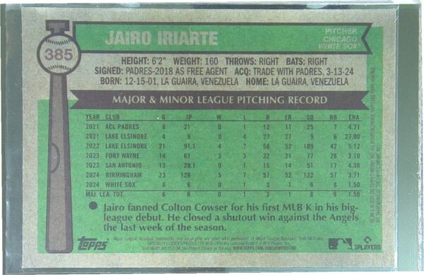 2025 Heritage Jairo Iriarte Chrome Aqua Sparkle Refractor RC #385 Sox - Image 3