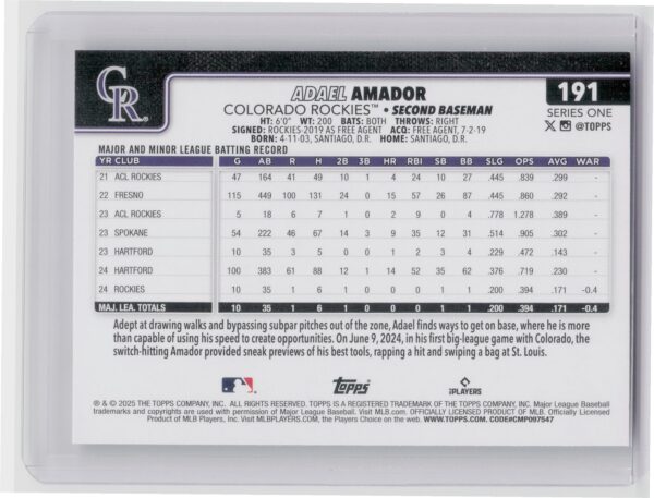 2025 Topps Adael Amador RC #191 Rockies - Image 3