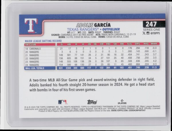 2025 Topps Adolis Garcia Diamante Foil #247 Rangers - Image 3