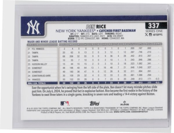 2025 Topps Ben Rice RC #337 Yankees - Image 3