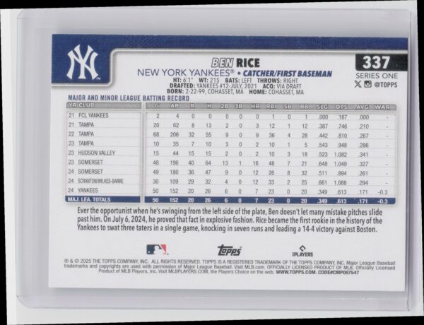 2025 Topps Ben Rice RC #337 Yankees - Image 3