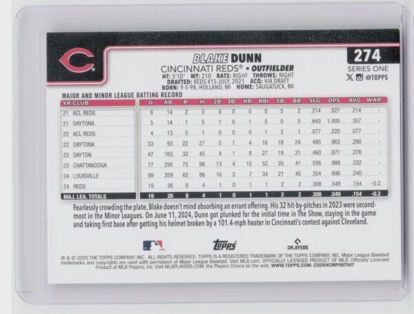 2025 Topps Blake Dunn RC #274 Reds - Image 3