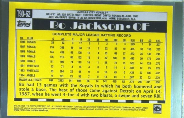 2025 Topps Bo Jackson #T90-62 Royals 1990 Topps Baseball 35th Anniversary - Image 3