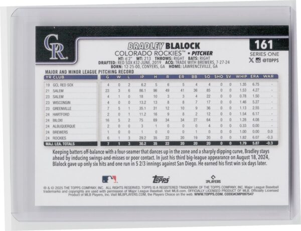 2025 Topps Bradley Blalock RC #161 Rockies - Image 3