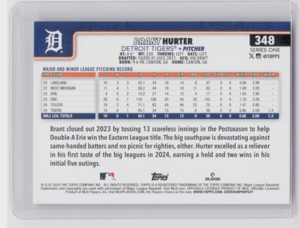 2025 Topps Brant Hurter Holo Foil #348 Tigers - Image 3