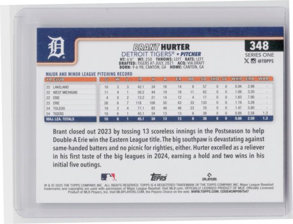 2025 Topps Brant Hurter RC #348 Tigers - Image 3
