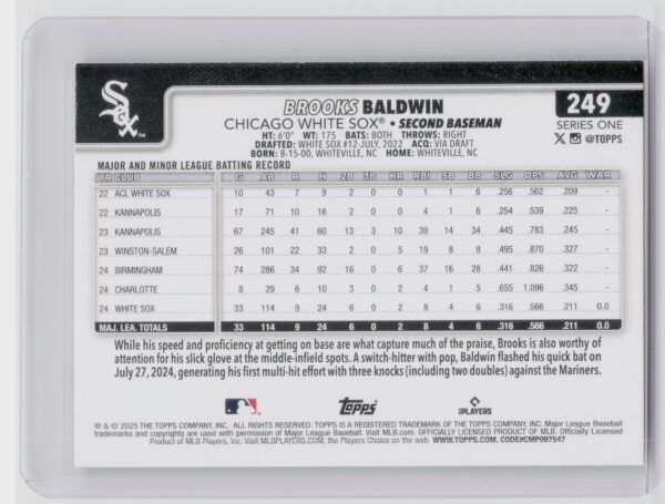2025 Topps Brooks Baldwin RC #249 Sox - Image 3