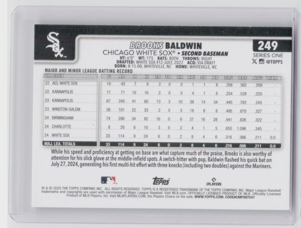 2025 Topps Brooks Baldwin RC #249 Sox - Image 3