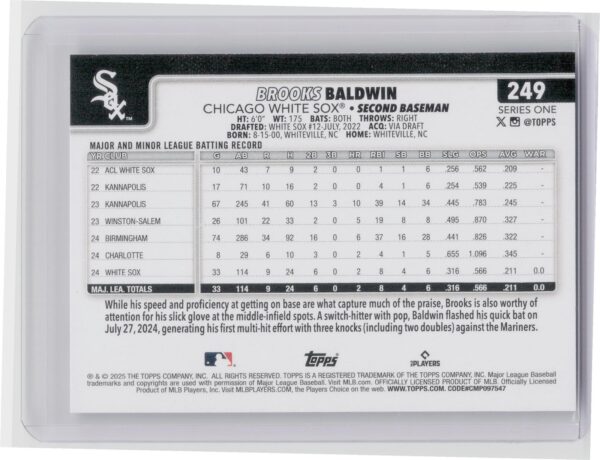2025 Topps Brooks Baldwin RC #249 Sox - Image 3