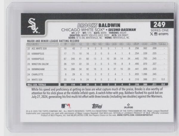 2025 Topps Brooks Baldwin RC #249 Sox - Image 3
