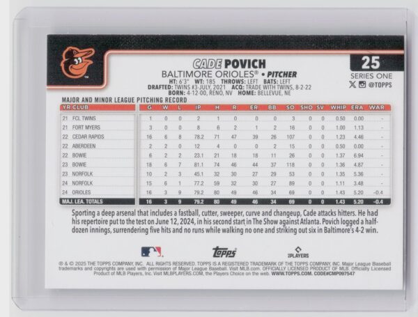2025 Topps Cade Povich RC #25 Orioles - Image 3