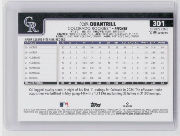 2025 Topps Cal Quantrill Diamante Foil #301 Rockies - Image 3