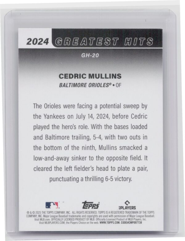 2025 Topps Cedric Mullins #GH-20 Orioles 2024 Greatest Hits - Image 3
