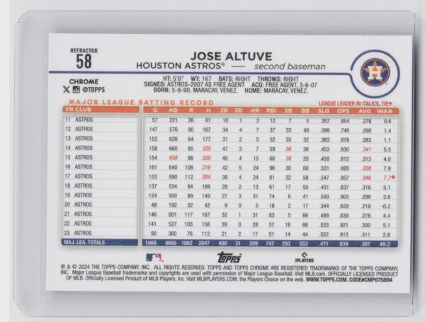 2025 Topps Chrome Jose Altuve #58 Astros - Image 3