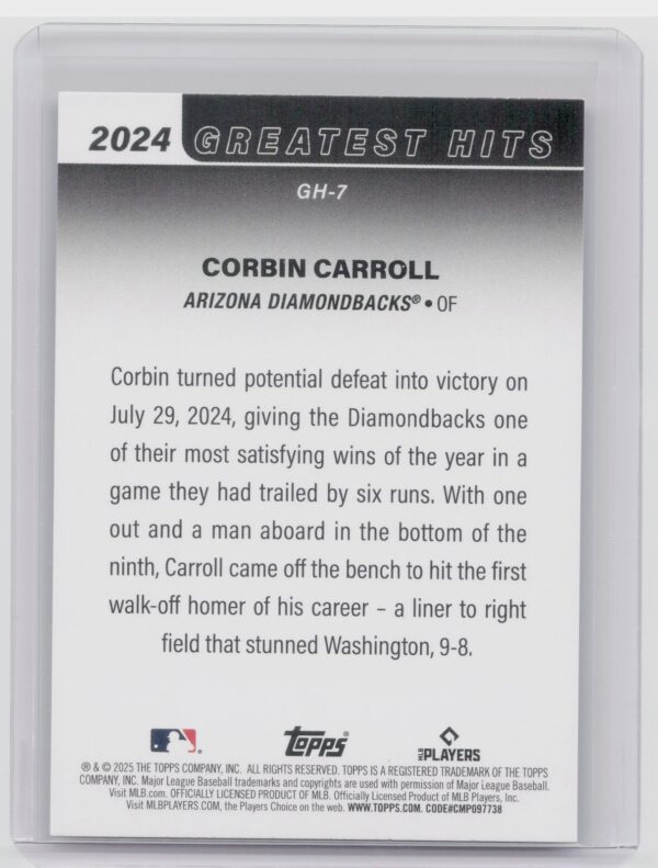 2025 Topps Corbin Carroll #GH-7 Diamondbacks 2024 Greatest Hits Pink Foil - Image 3