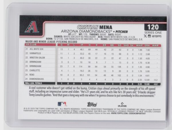 2025 Topps Cristian Mena RC #120 Diamondbacks - Image 3