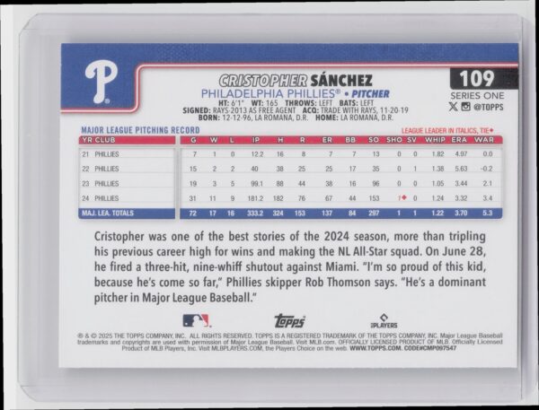 2025 Topps Cristopher Sanchez Diamante Foil #109 Phillies - Image 3
