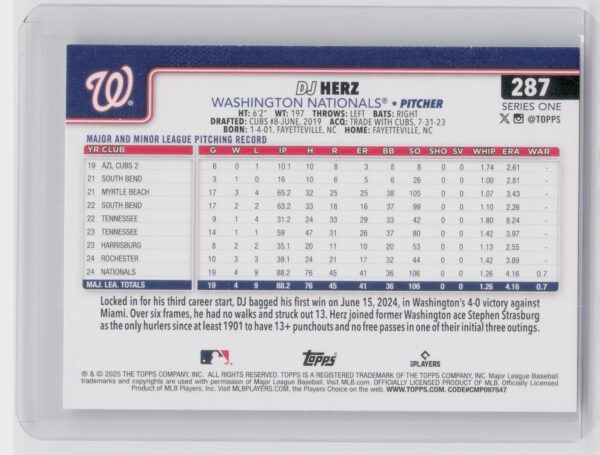 2025 Topps DJ Herz RC #287 Nationals - Image 3