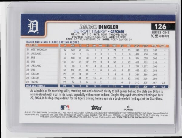 2025 Topps Dillon Dingler RC #126 Tigers - Image 3