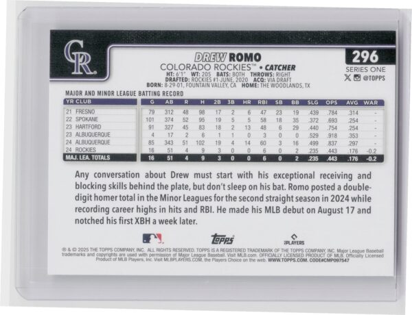 2025 Topps Drew Romo RC #296 Rockies - Image 3