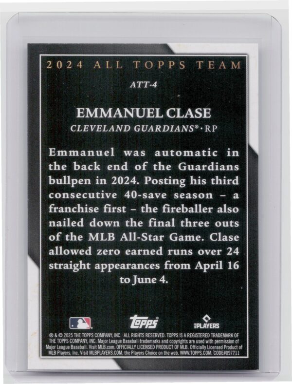 2025 Topps Emmanuel Clase #ATT-4 Guardians 2024 All Topps Team - Image 3
