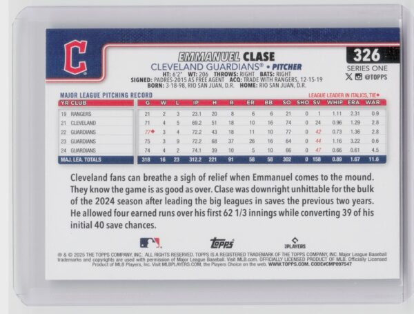 2025 Topps Emmanuel Clase Diamante Foil #326 Guardians - Image 3