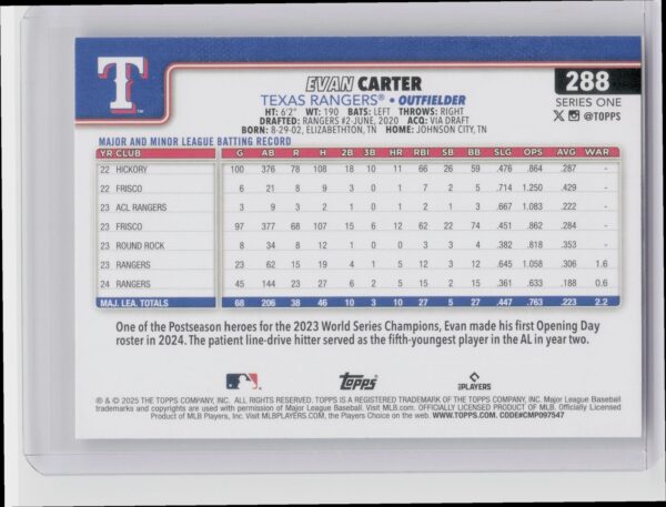 2025 Topps Evan Carter #288 Rangers - Image 3