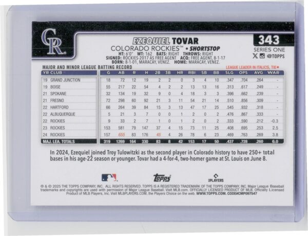 2025 Topps Ezequiel Tovar Silver Crackle Foilboard #343 Rockies - Image 3