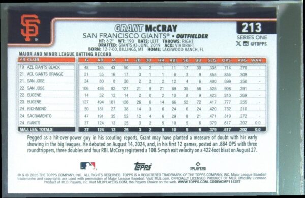 2025 Topps Grant McCray Holiday Tin Variation RC #213 Giants - Image 3