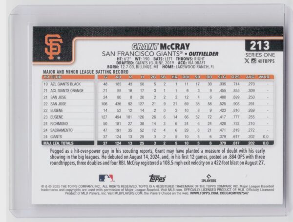 2025 Topps Grant McCray RC #213 Giants - Image 3