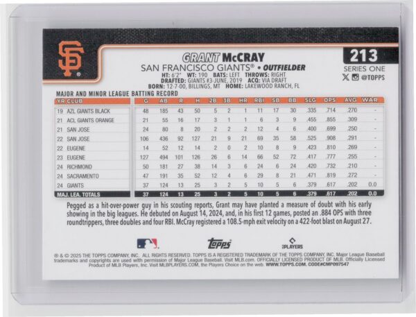 2025 Topps Grant McCray RC #213 Giants - Image 3