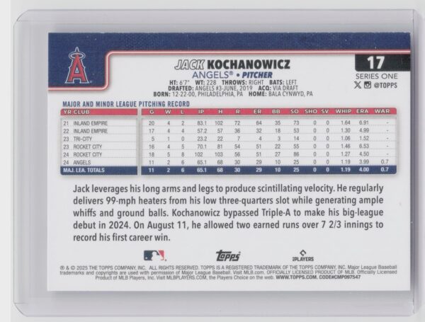 2025 Topps Jack Kochanowicz RC #17 Angels - Image 3
