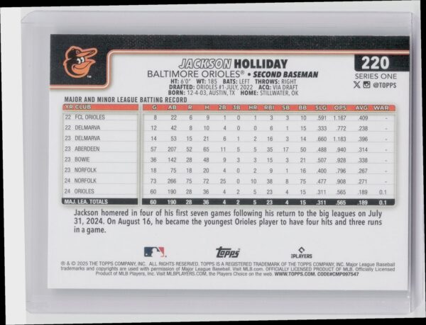 2025 Topps Jackson Holliday #220 Orioles - Image 3