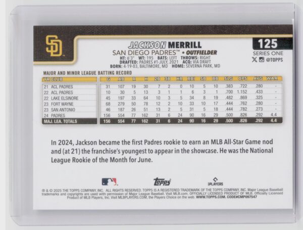 2025 Topps Jackson Merrill #125 Padres - Image 3