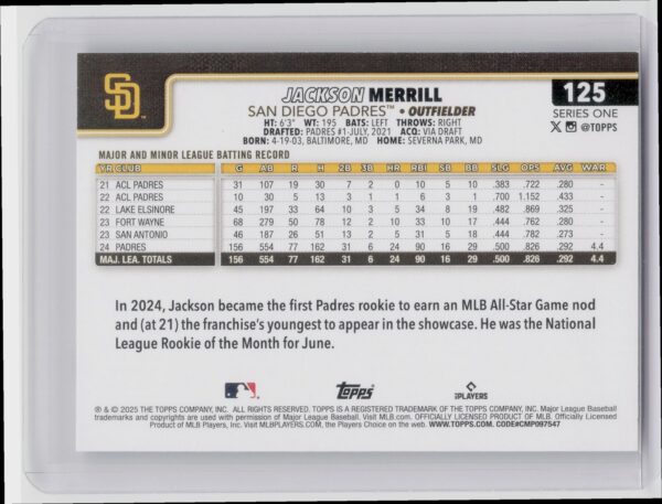 2025 Topps Jackson Merrill #125 Padres - Image 3